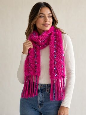 Hot Pink Fuzzy Sequin Scarf Y2K Statement Fringe Festival Free People Style